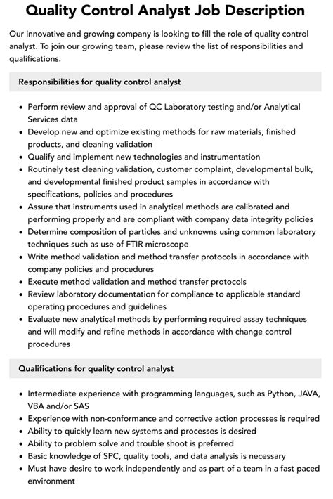 laboratory quality analyst job description|Quality Control Analyst Job Description, .